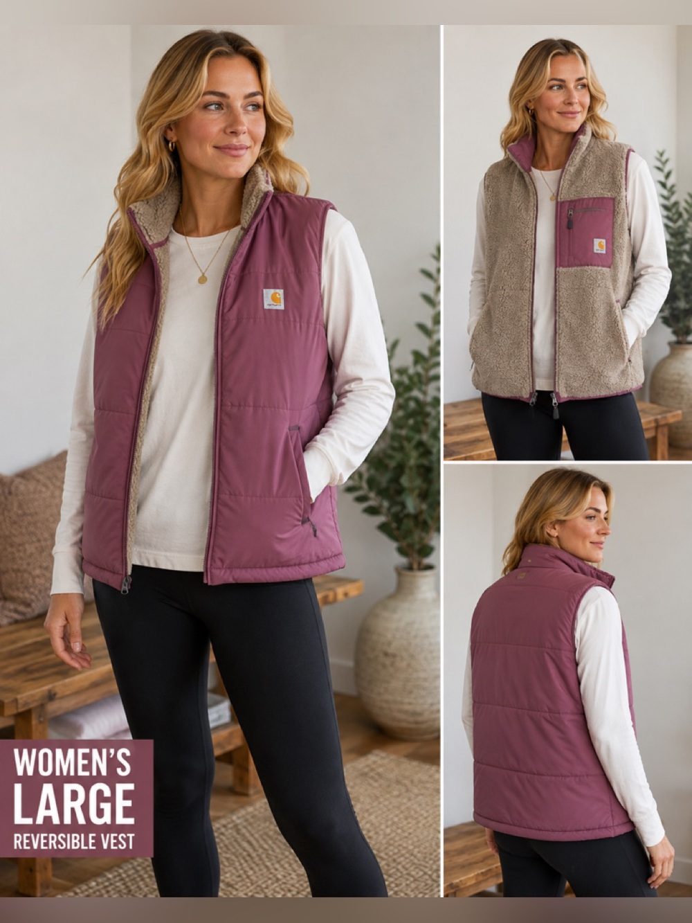 Carhartt Women's large Mauve Reversible Puffer & Sherpa Vest